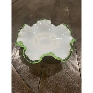 Fenton Emerald Crested White Milk Glass Candy Bon Bon Crimped‎ Dish 5 3/4" Wide